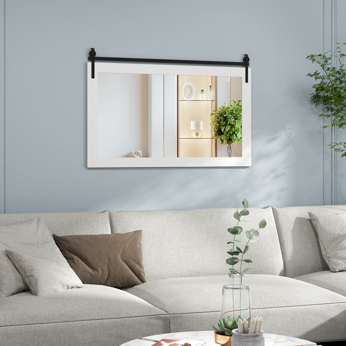 Rectangle Barn Door Style Wall Mounted Mirror with Solid Wood Frame