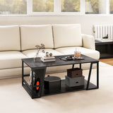 Mesa de centro rectangular de 2 niveles, mesa auxiliar industrial con estante de almacenamiento y compartimento