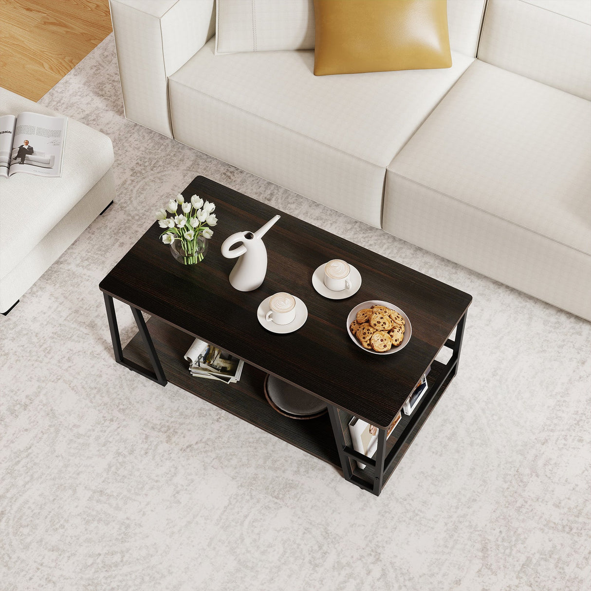 Mesa de centro rectangular de 2 niveles, mesa auxiliar industrial con estante de almacenamiento y compartimento