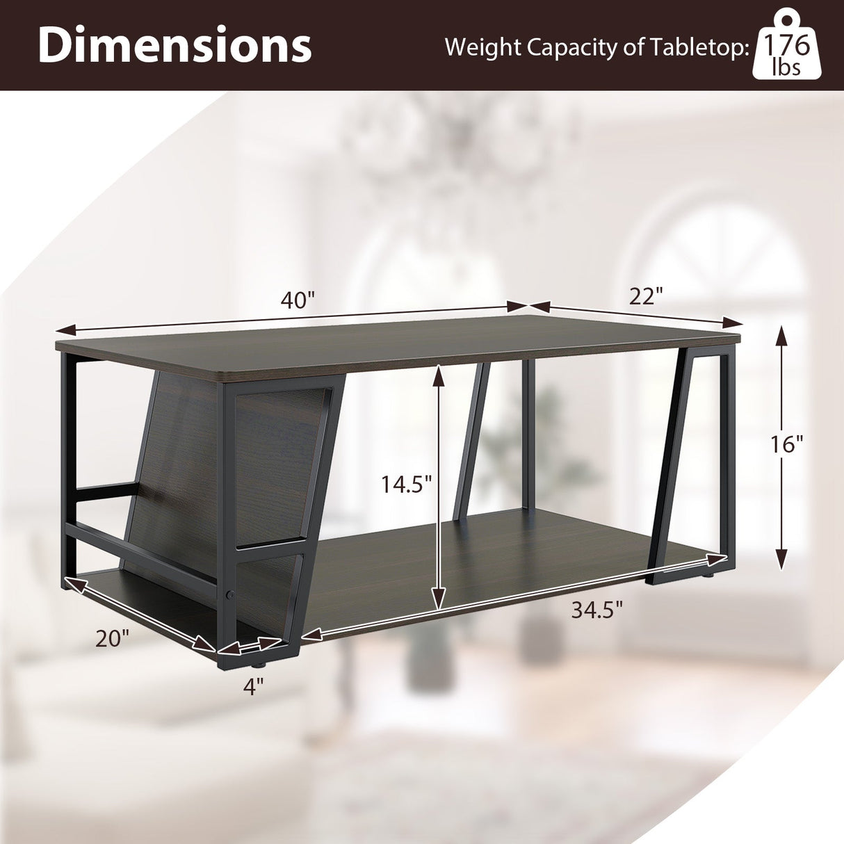 Mesa de centro rectangular de 2 niveles, mesa auxiliar industrial con estante de almacenamiento y compartimento
