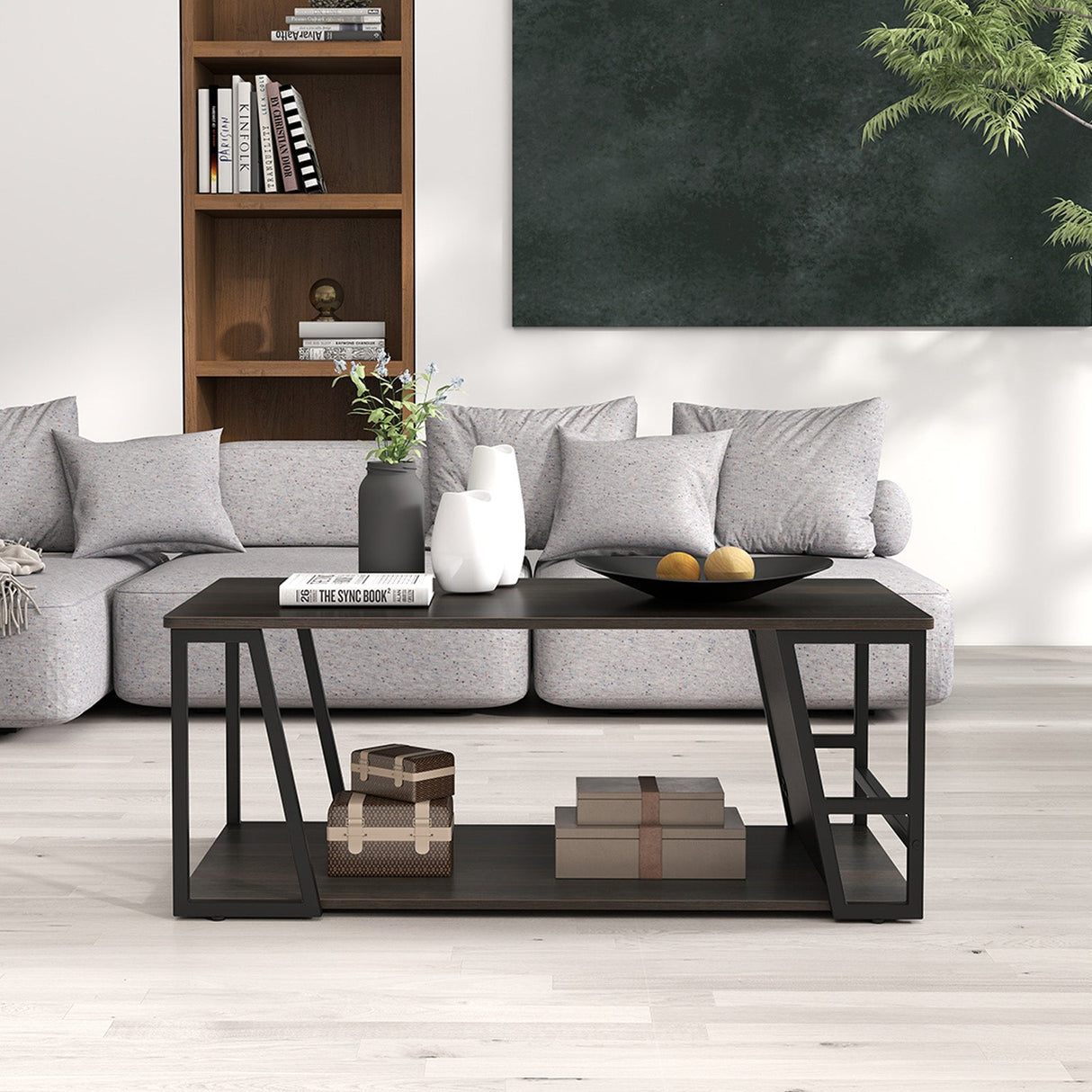 Mesa de centro rectangular de 2 niveles, mesa auxiliar industrial con estante de almacenamiento y compartimento