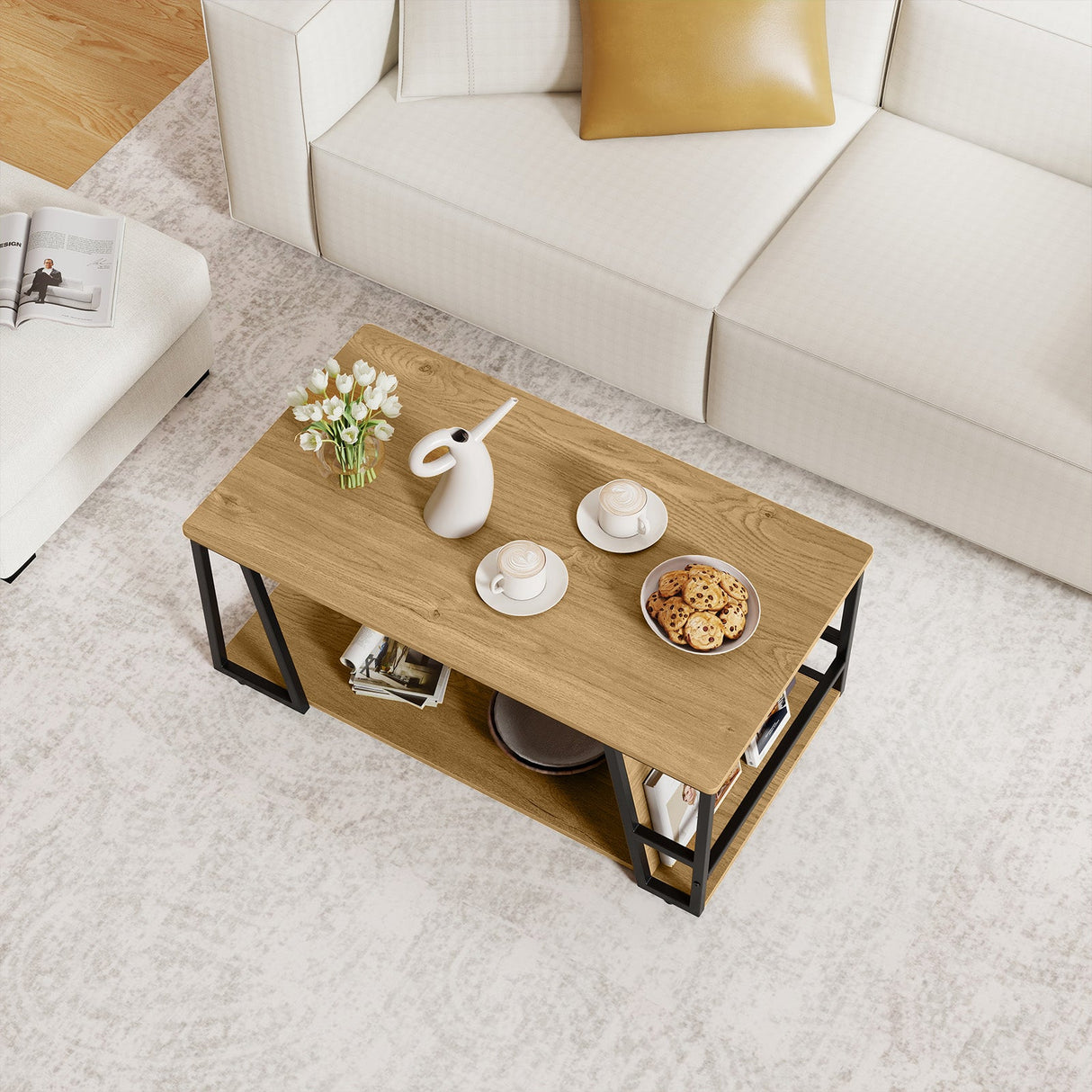 Mesa de centro rectangular de 2 niveles, mesa auxiliar industrial con estante de almacenamiento y compartimento
