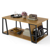 Mesa de centro rectangular de 2 niveles, mesa auxiliar industrial con estante de almacenamiento y compartimento