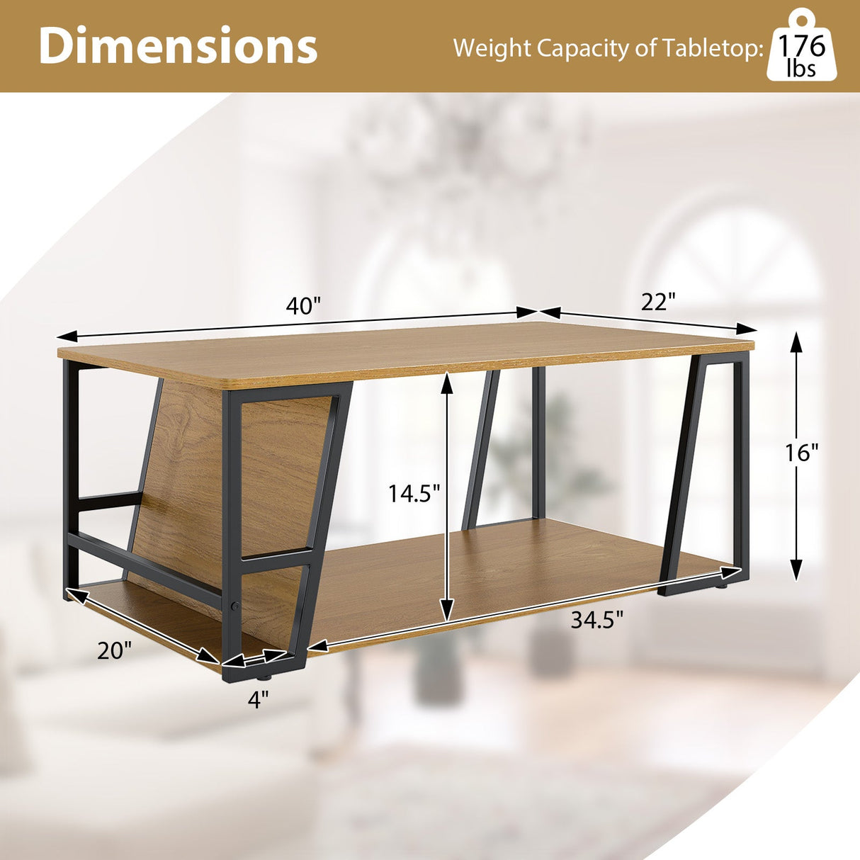 Mesa de centro rectangular de 2 niveles, mesa auxiliar industrial con estante de almacenamiento y compartimento