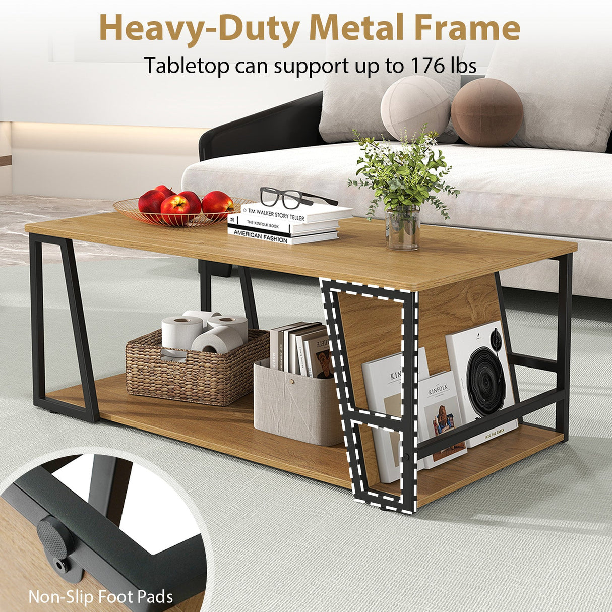 Mesa de centro rectangular de 2 niveles, mesa auxiliar industrial con estante de almacenamiento y compartimento