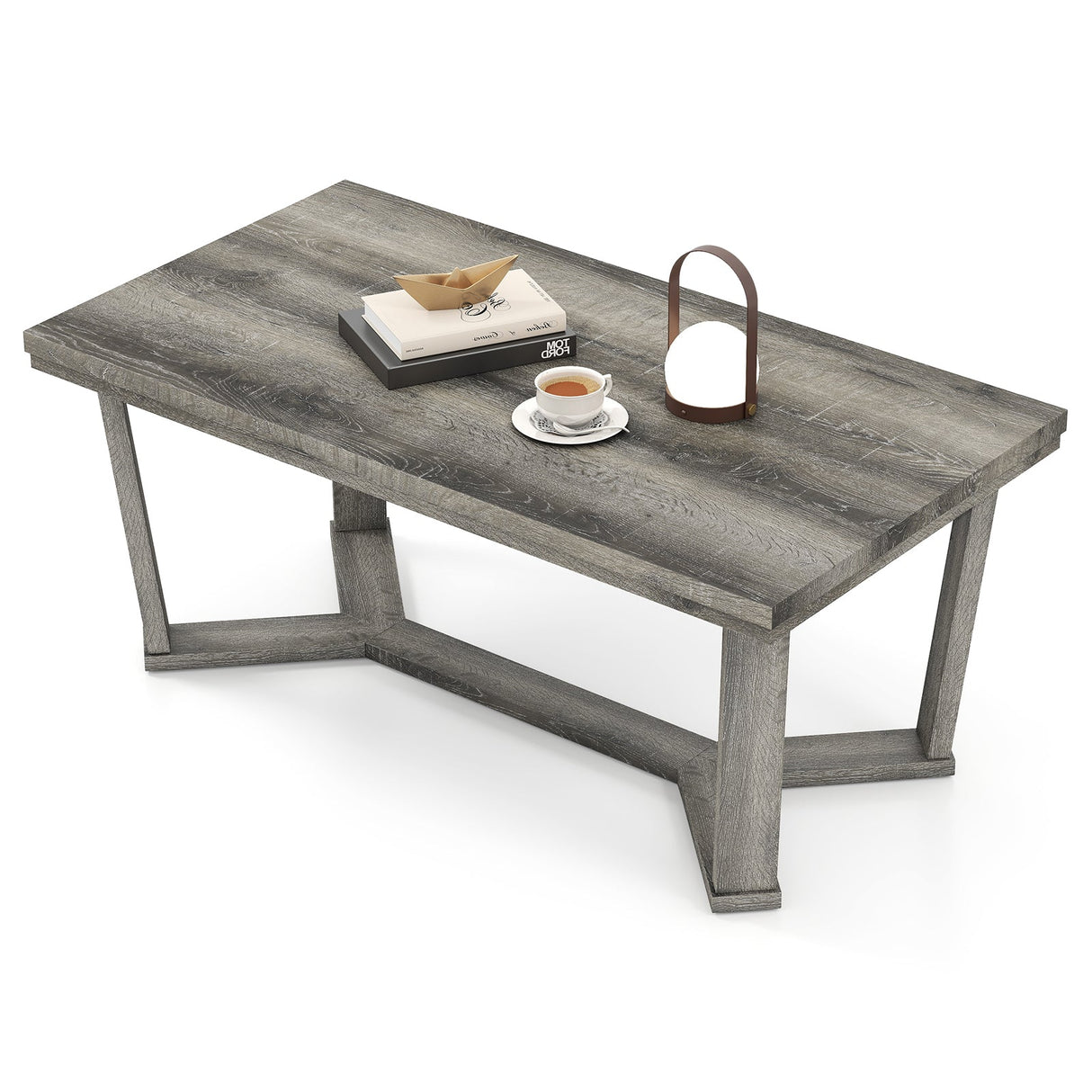 Mesa de centro rectangular con base de madera de caucho en forma de cruz-Gris