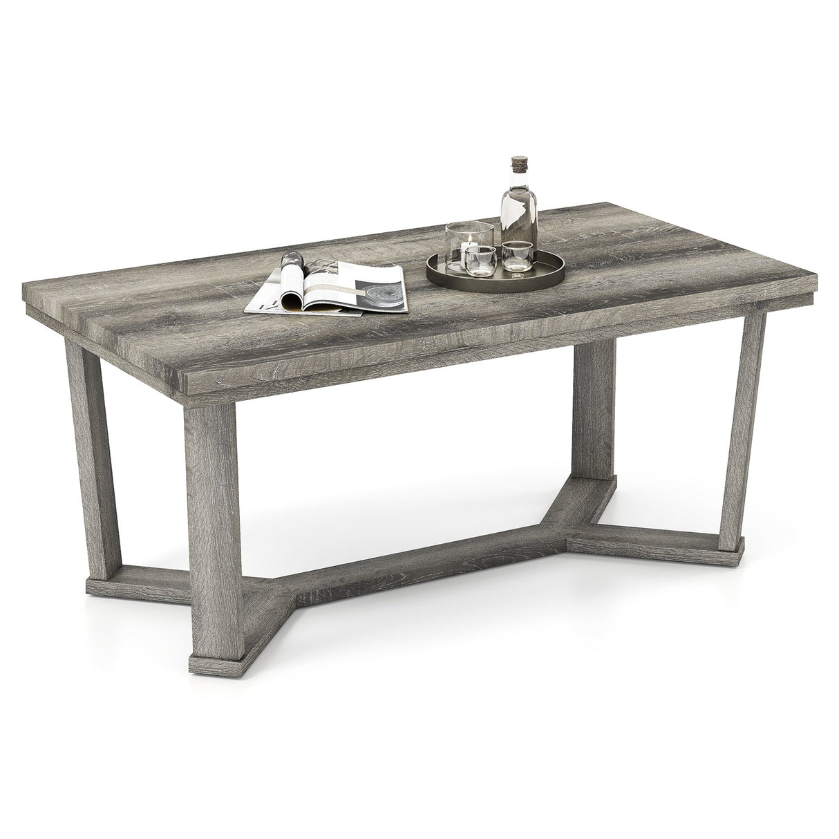 Mesa de centro rectangular con base de madera de caucho en forma de cruz-Gris