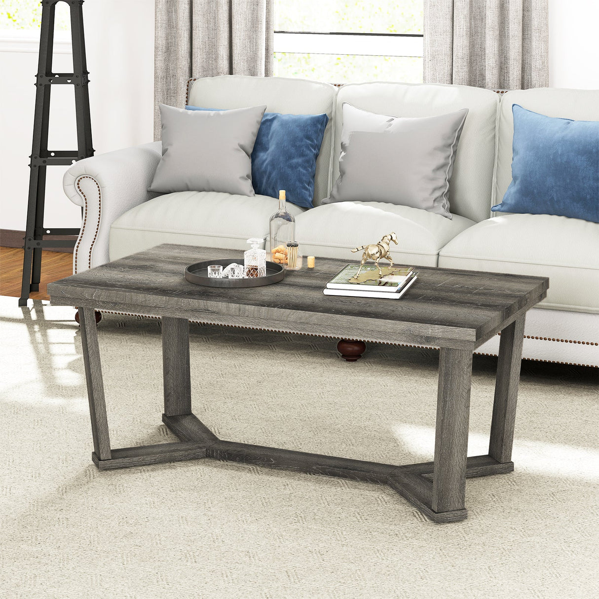Mesa de centro rectangular con base de madera de caucho en forma de cruz-Gris
