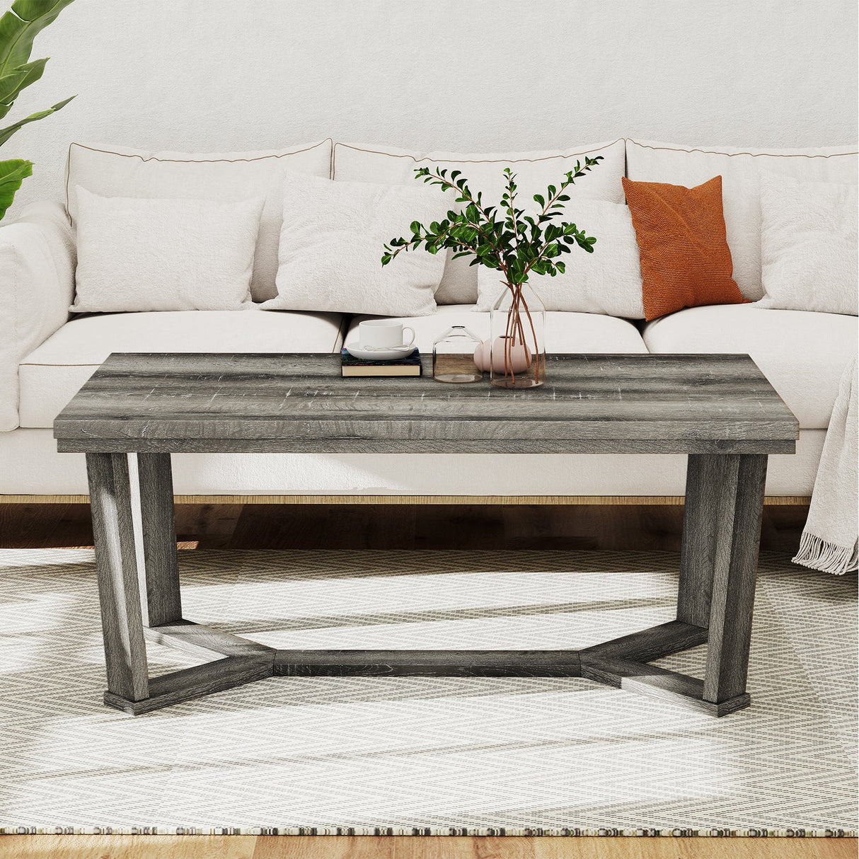 Mesa de centro rectangular con base de madera de caucho en forma de cruz-Gris