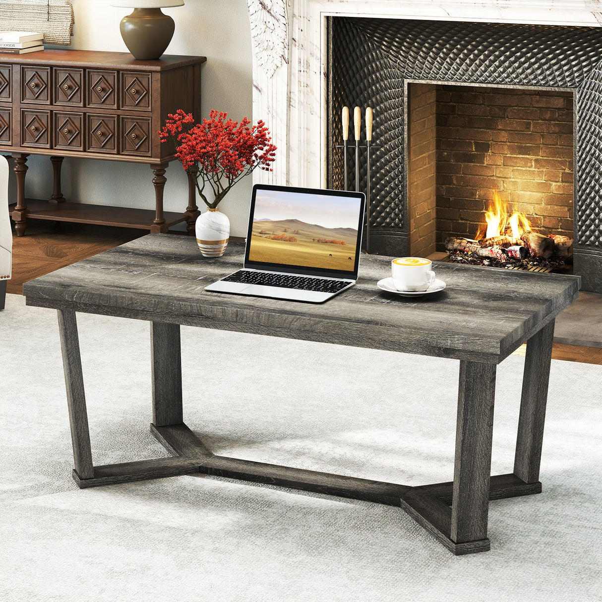 Mesa de centro rectangular con base de madera de caucho en forma de cruz-Gris