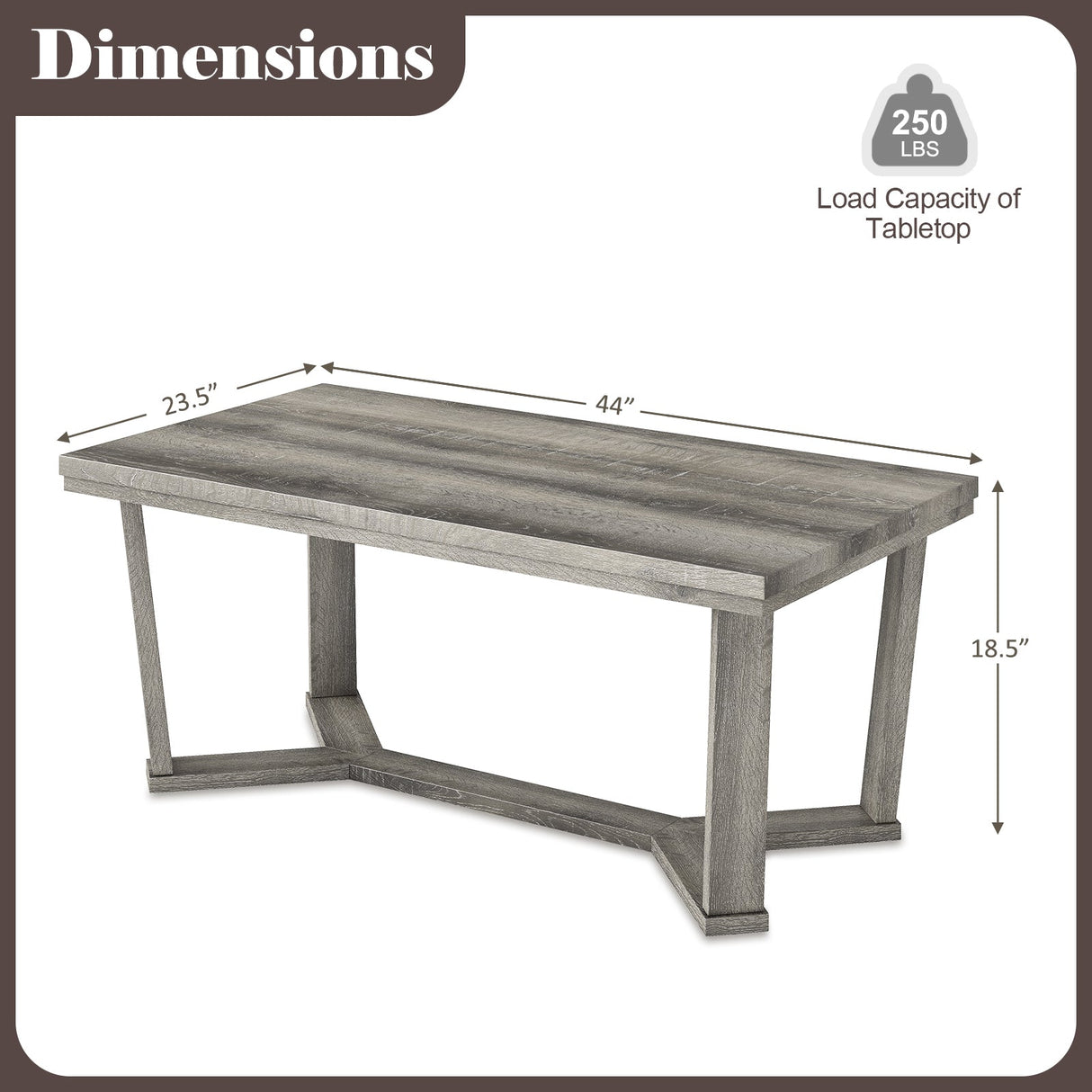 Mesa de centro rectangular con base de madera de caucho en forma de cruz-Gris