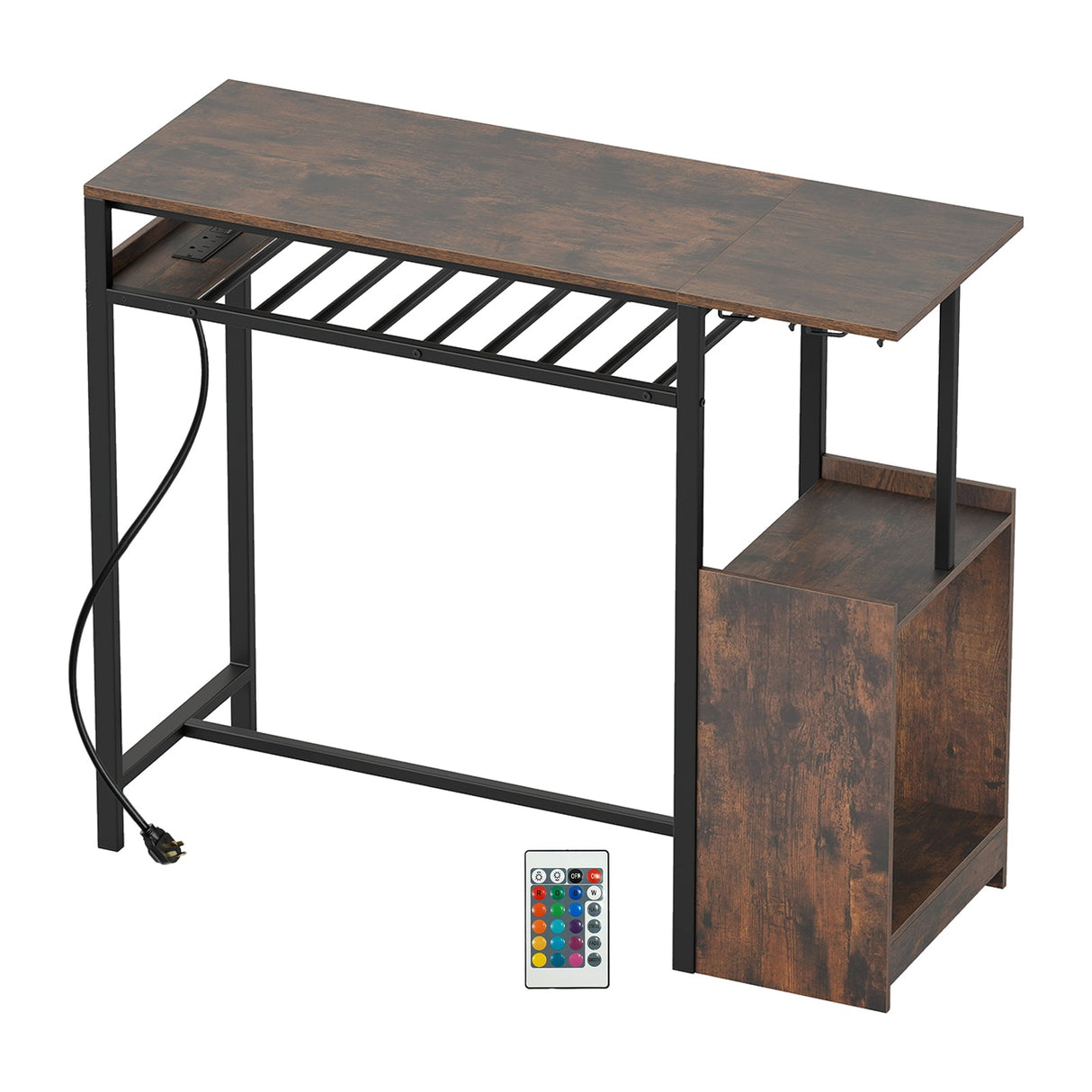 Mesa de bar rectangular con estación de carga y luz LED - Marrón rústico