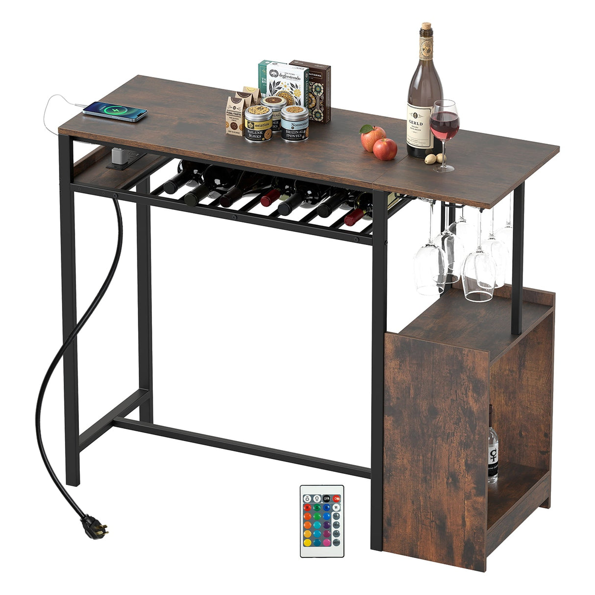 Mesa de bar rectangular con estación de carga y luz LED - Marrón rústico