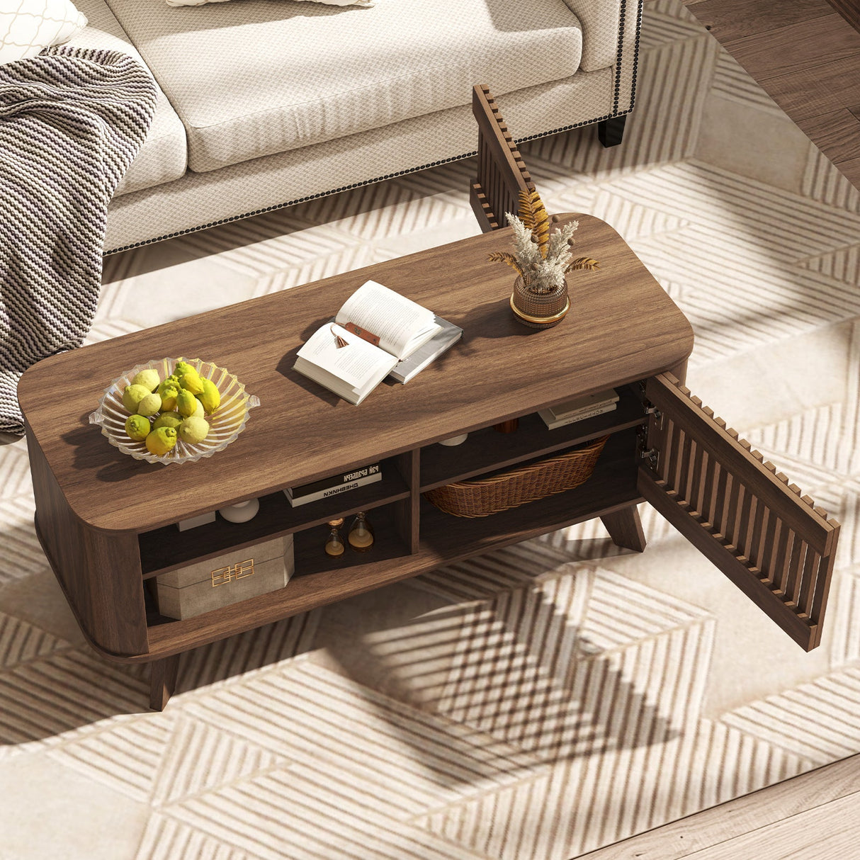 Mesa de centro rectangular con almacenamiento y estantes ajustables - Nogal