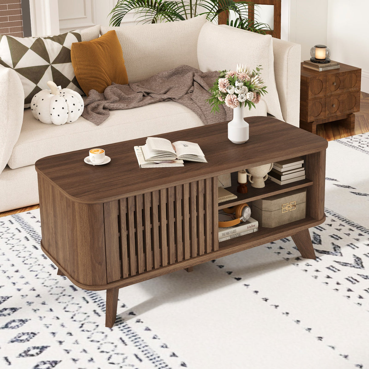 Mesa de centro rectangular con almacenamiento y estantes ajustables - Nogal