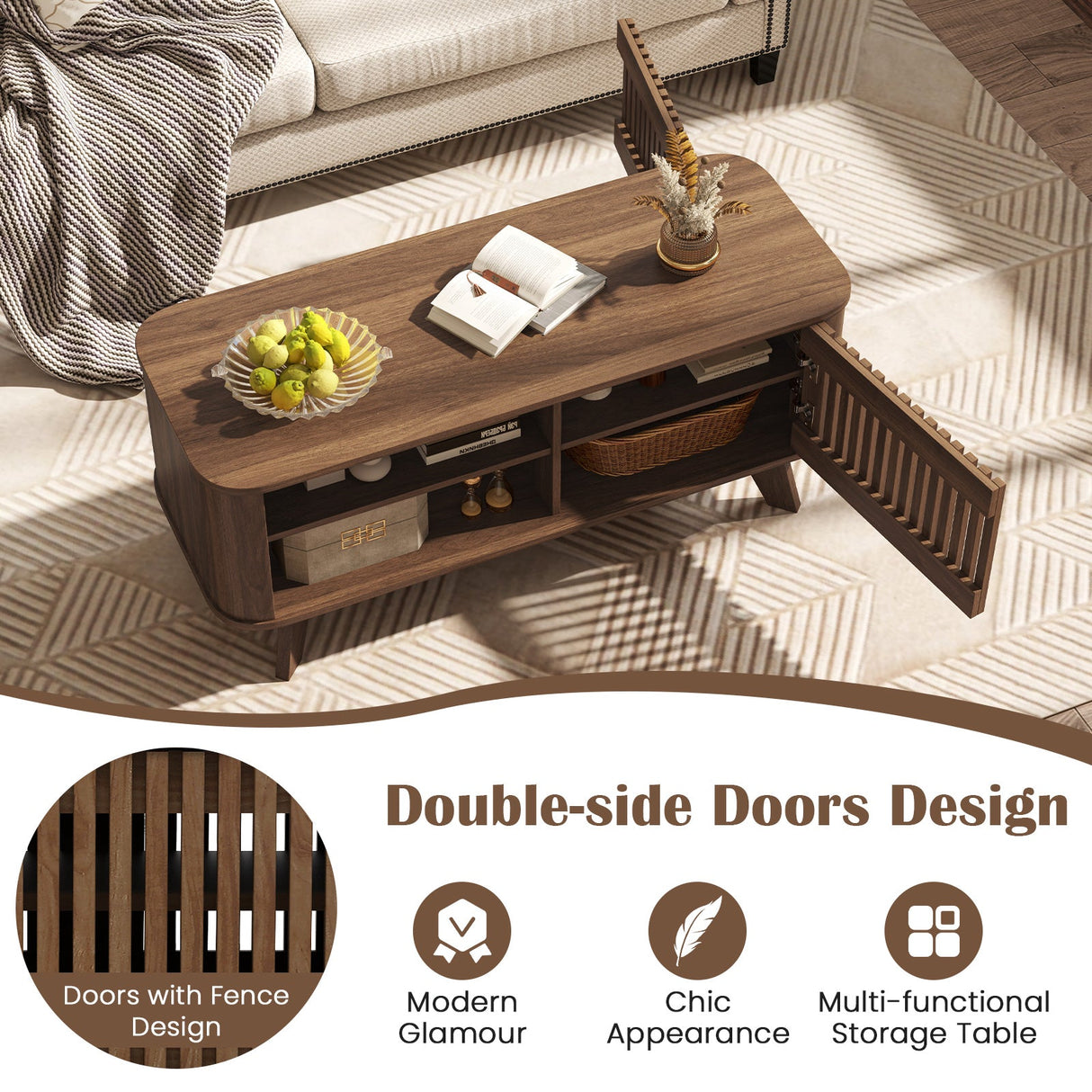 Mesa de centro rectangular con almacenamiento y estantes ajustables - Nogal