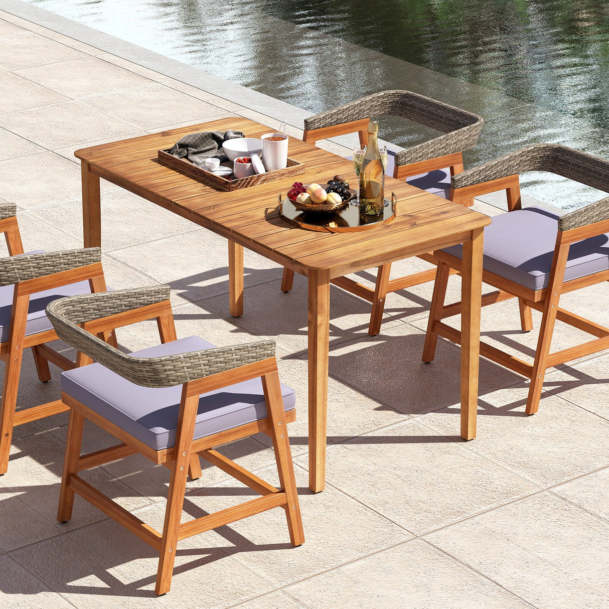 Mesa de comedor rectangular de acacia para exterior, para 4-6 personas