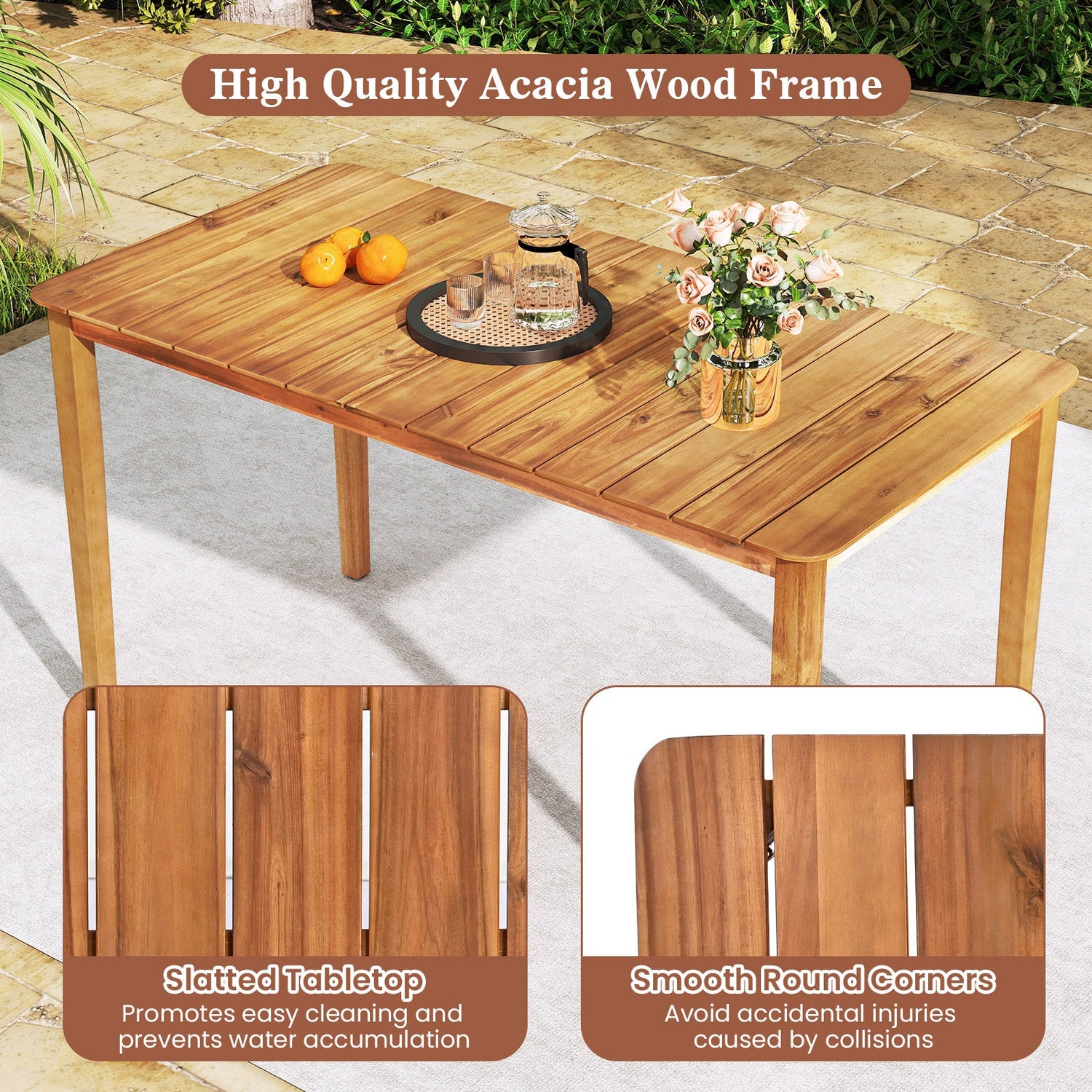 Mesa de comedor rectangular de acacia para exterior, para 4-6 personas