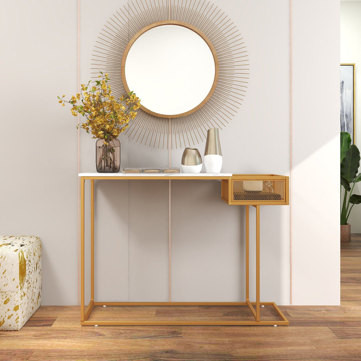 Mesa Consola Rectangular Blanca con Almacenamiento de Imitación Mármol-Dorada