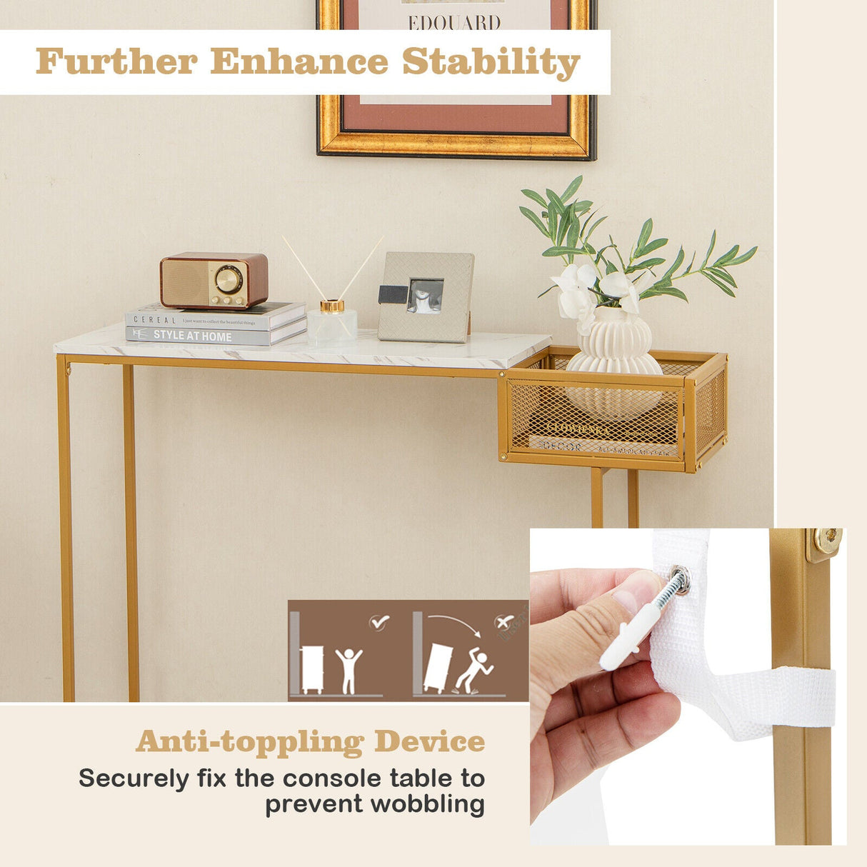 Mesa Consola Rectangular Blanca con Almacenamiento de Imitación Mármol-Dorada