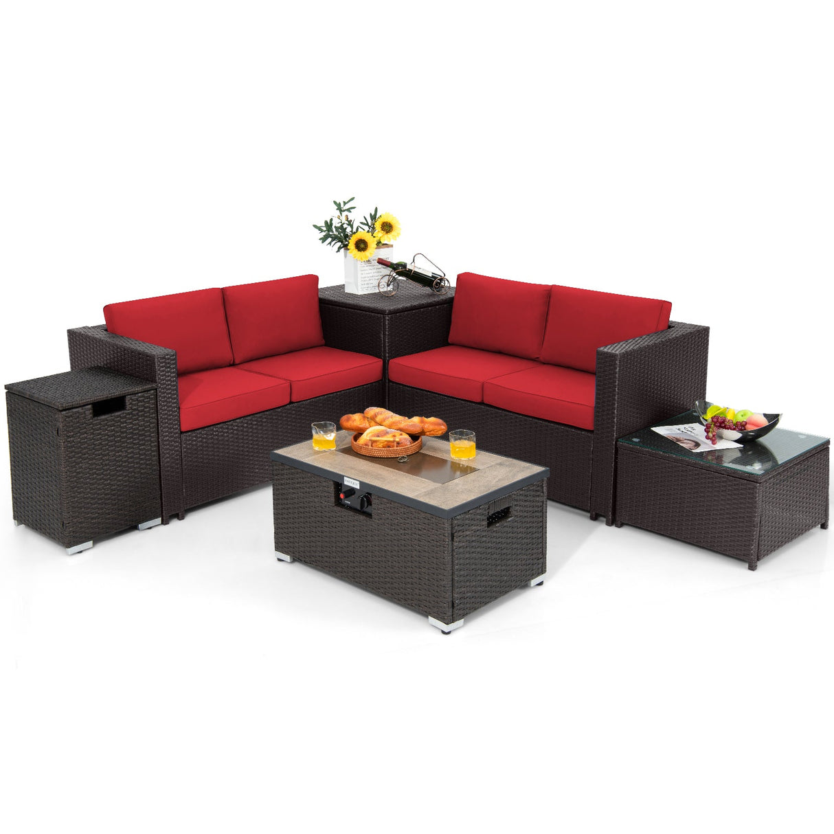 Juego de Muebles de Mimbre para Exteriores de 6 Piezas con Mesa Fogata de Propano de 32 Pulgadas