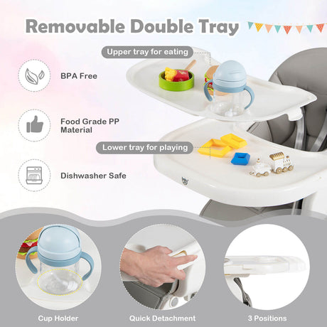 Trona Plegable 4 en 1 para Bebés con 7 Alturas Ajustables y Barra de Juguetes Gratis
