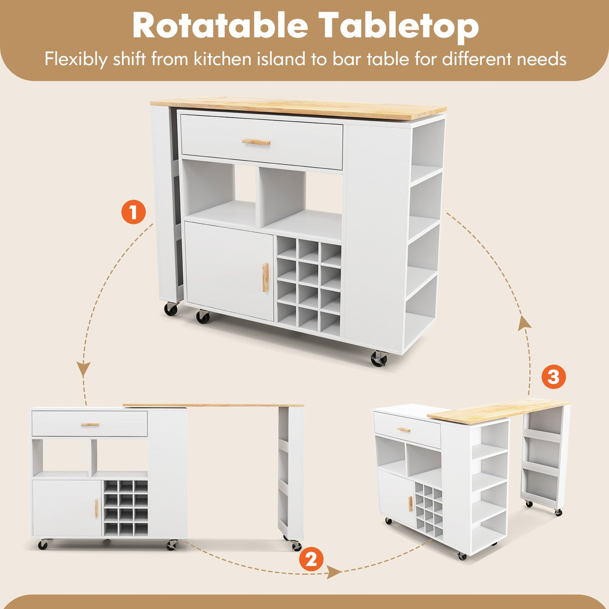 Reversible Folding Kitchen Island Cart with Wine Rack and Spice Rack