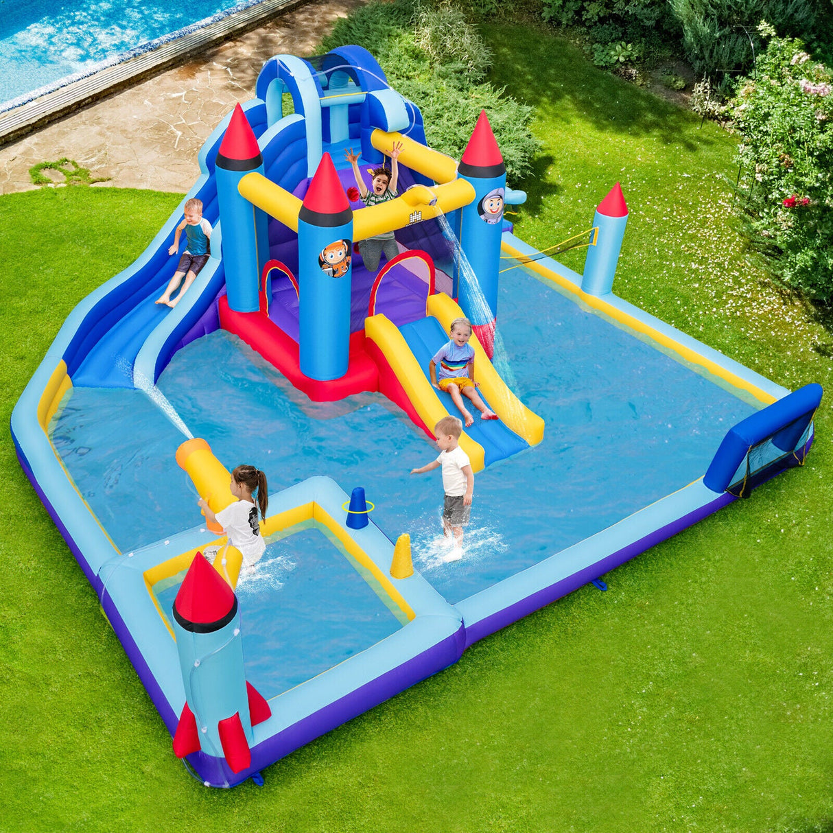Parque Acuático Hinchable Temático Cohete con Soplador de 950W