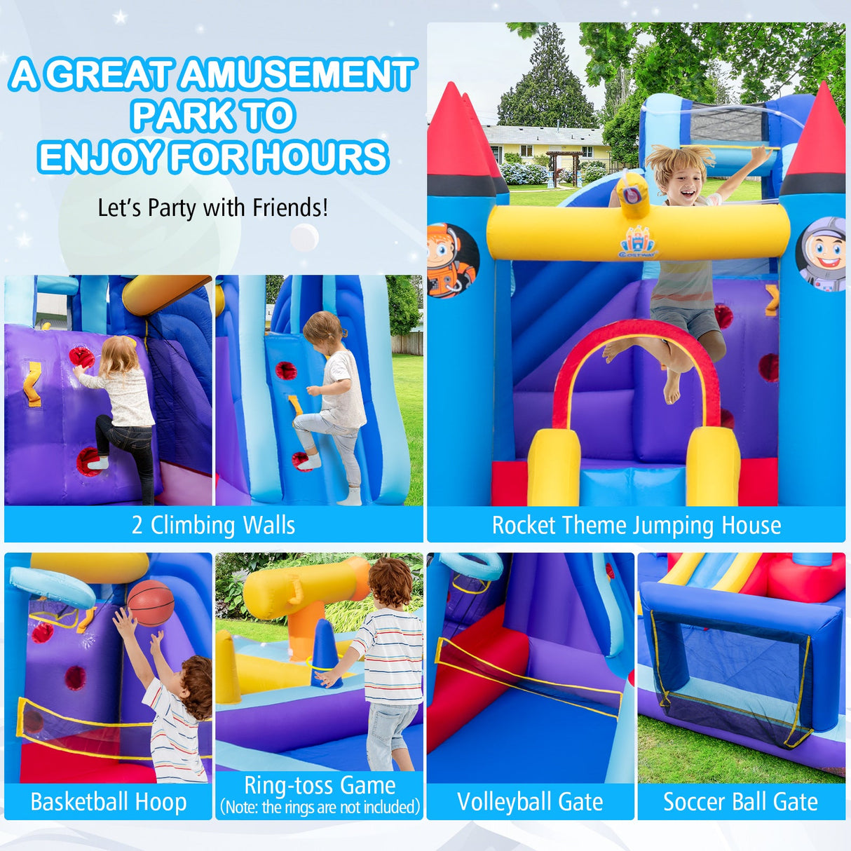 Parque de toboganes de agua inflable con temática de cohete con soplador de 1100 W