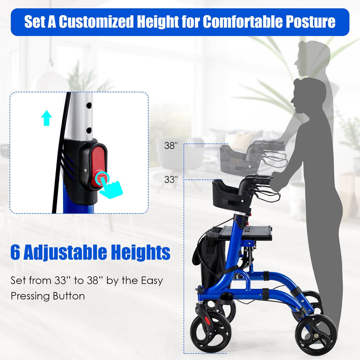 Andador Plegable de Aluminio con Ruedas de 8 Pulgadas y Asiento