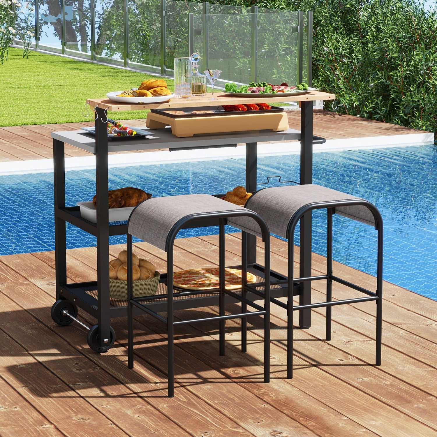 Carro bar con superficie abatible y ganchos para cocina