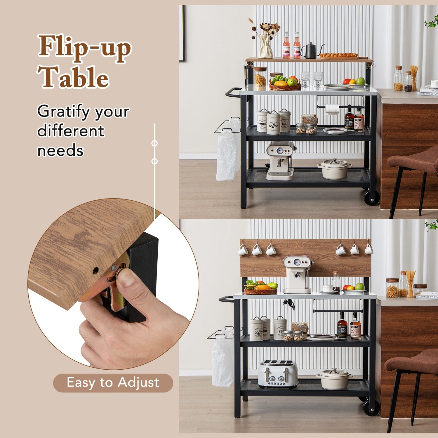 Carro bar con superficie abatible y ganchos para cocina