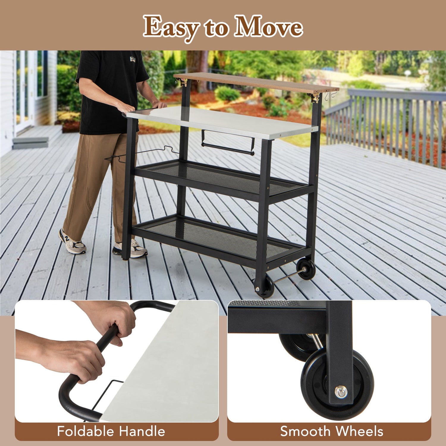 Carro bar con superficie abatible y ganchos para cocina