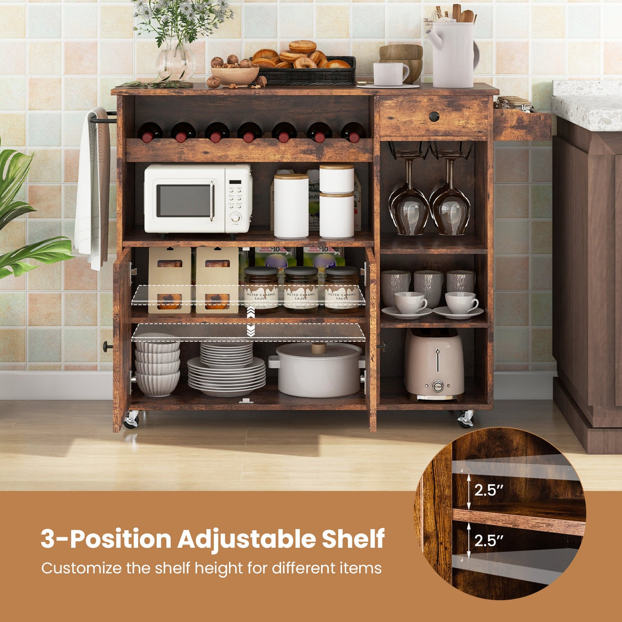 Rolling Kitchen Island Cart with Drop Leaf and Wine Rack-Rustic Brown