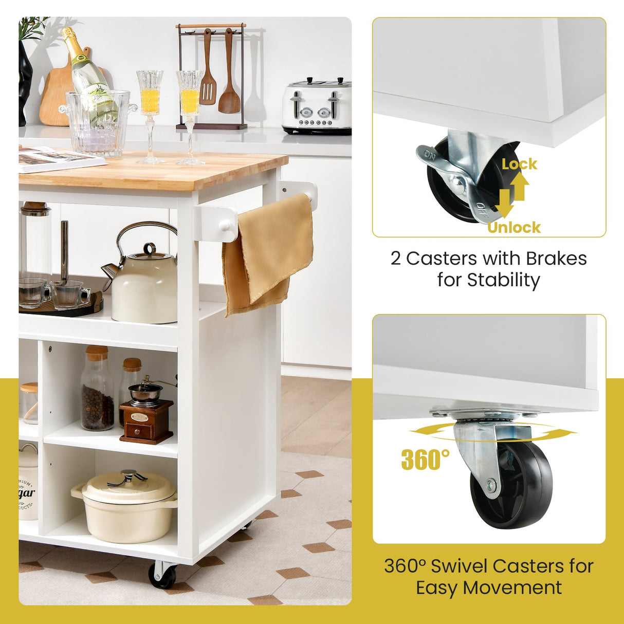 Kitchen Island Trolley Cart on Wheels with Storage Open Shelves and Drawer-White