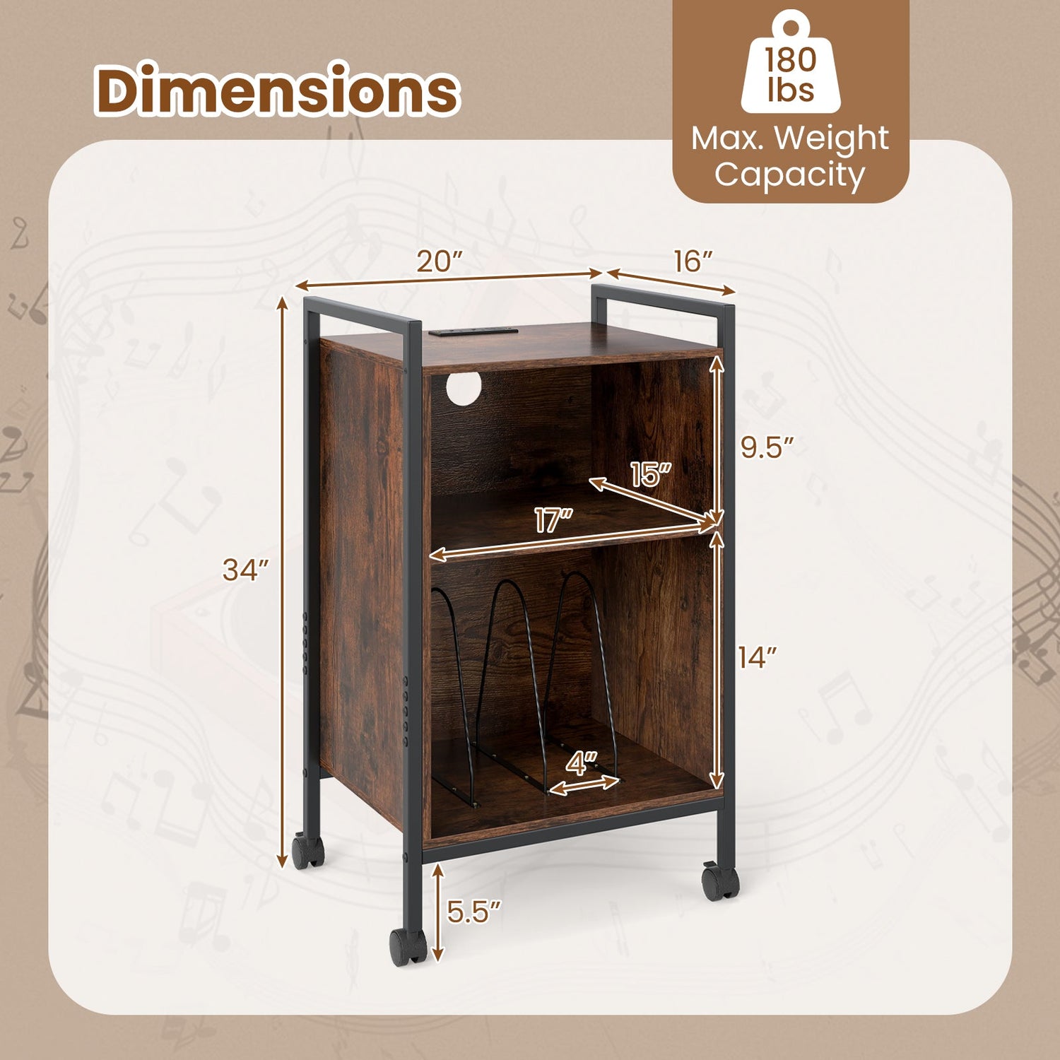 Mueble para tocadiscos móvil con toma de corriente - Marrón rústico