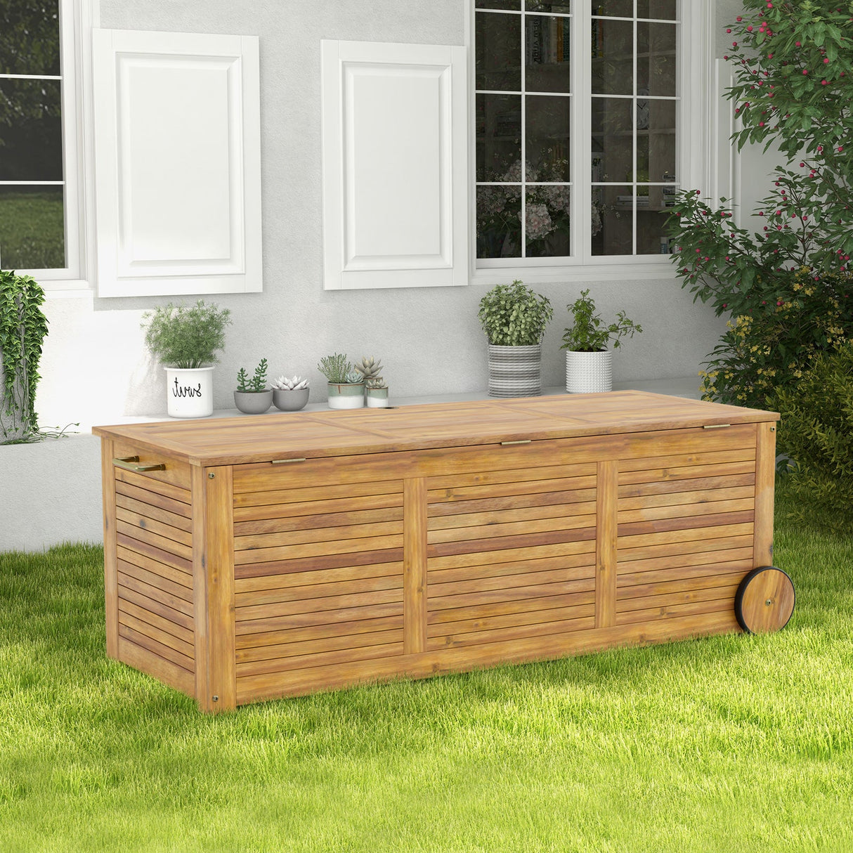 Caja de Almacenamiento Exterior de Madera con Ruedas y Asa Lateral