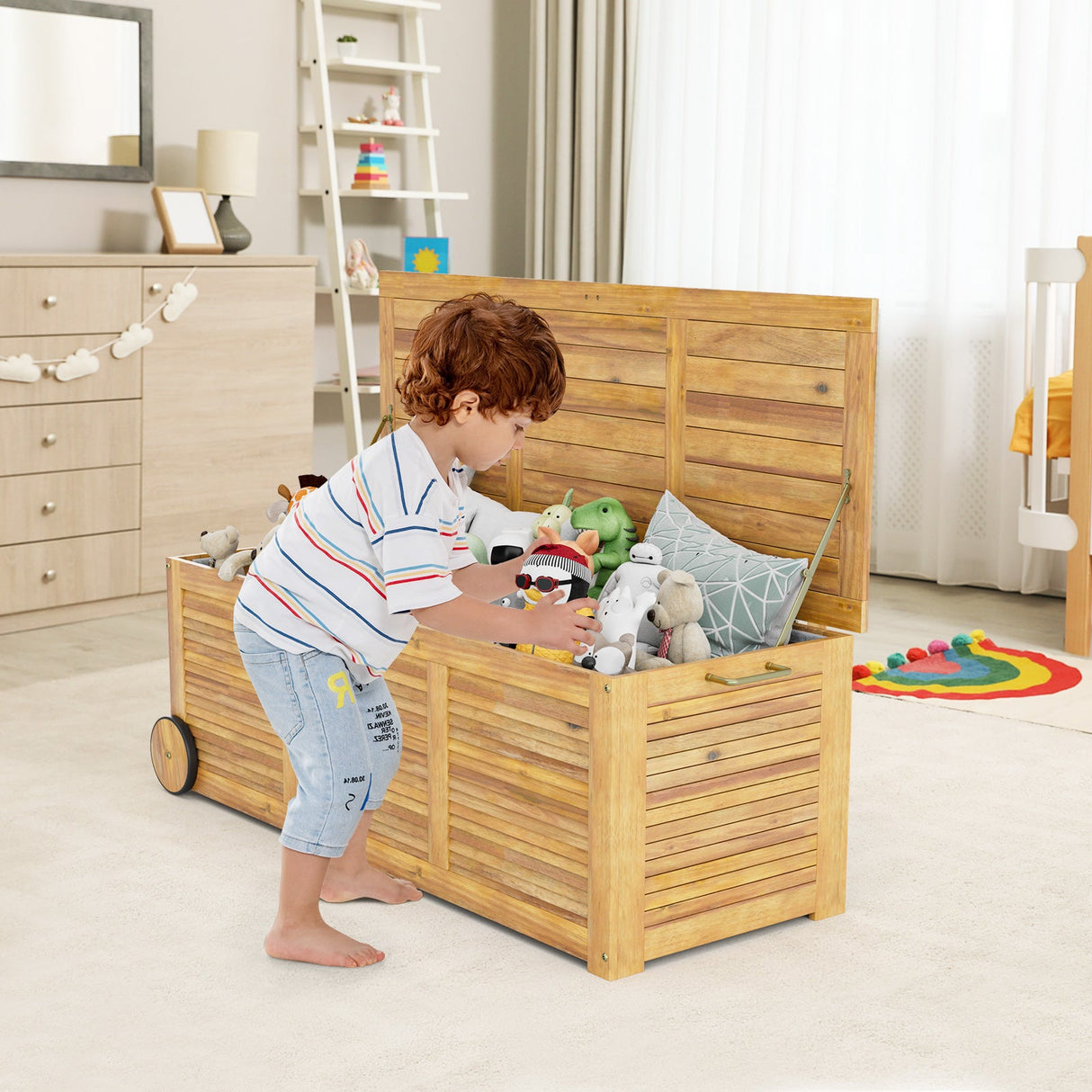 Caja de Almacenamiento Exterior de Madera con Ruedas y Asa Lateral