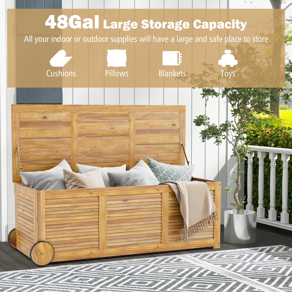 Caja de Almacenamiento Exterior de Madera con Ruedas y Asa Lateral