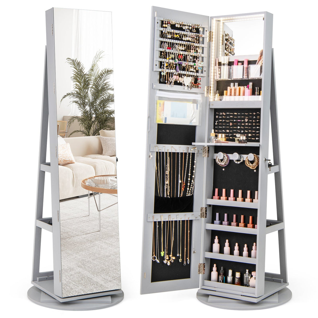 Joyero armariete giratorio 360° con espejo, 3 modos de luz LED, con cerradura