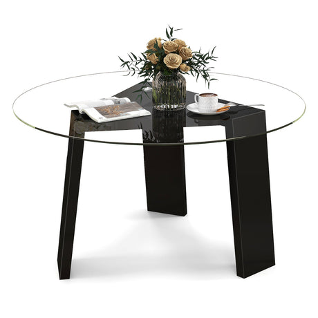 Mesa de centro redonda de cristal de 29.5 pulgadas con patas de madera maciza de caucho para sala de estar, oficina en casa, espacio pequeño - Negro