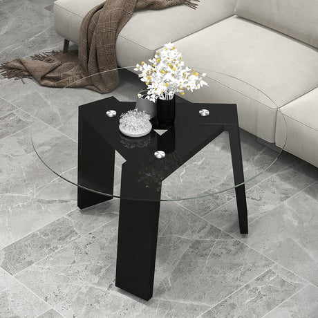 Mesa de centro redonda de cristal de 29.5 pulgadas con patas de madera maciza de caucho para sala de estar, oficina en casa, espacio pequeño - Negro