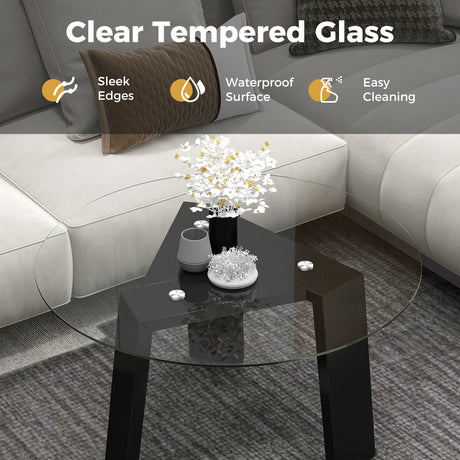 Mesa de centro redonda de cristal de 29.5 pulgadas con patas de madera maciza de caucho para sala de estar, oficina en casa, espacio pequeño - Negro