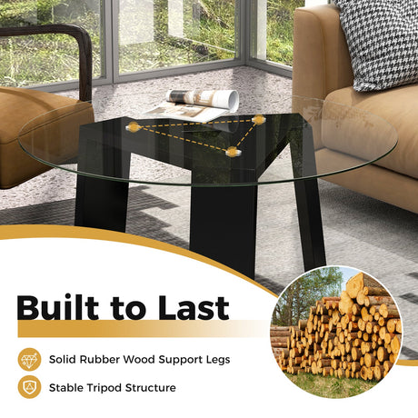 Mesa de centro redonda de cristal de 29.5 pulgadas con patas de madera maciza de caucho para sala de estar, oficina en casa, espacio pequeño - Negro