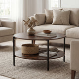 Round Coffee Table 2-Tier Industrial Accent Table with Open Storage Shelf-Rustic Brown