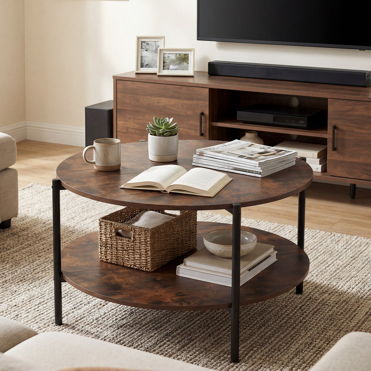 Round Coffee Table 2-Tier Industrial Accent Table with Open Storage Shelf-Rustic Brown