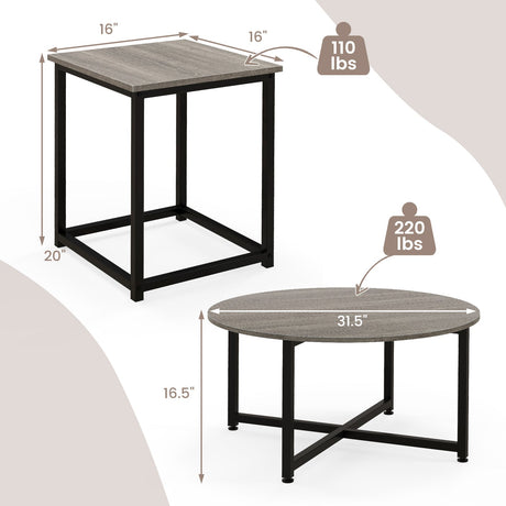 Juego de mesa de centro de 3 piezas: mesa de centro redonda y 2 mesas auxiliares cuadradas
