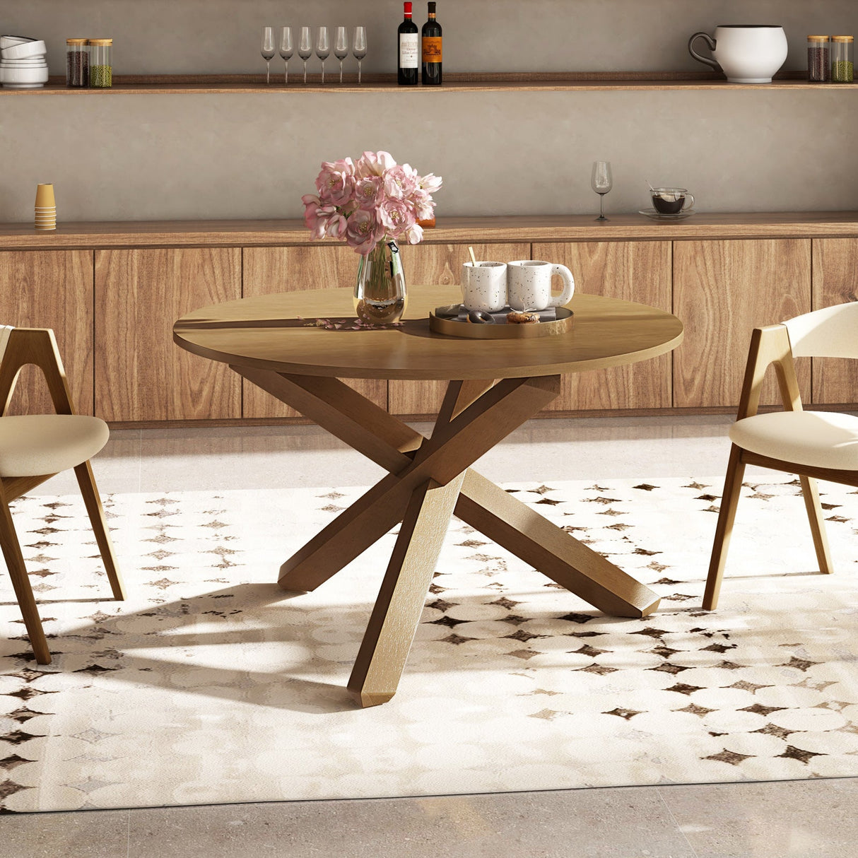Mesa de comedor redonda de 47 pulgadas con patas de madera maciza de acacia para 4-6 personas-Natural
