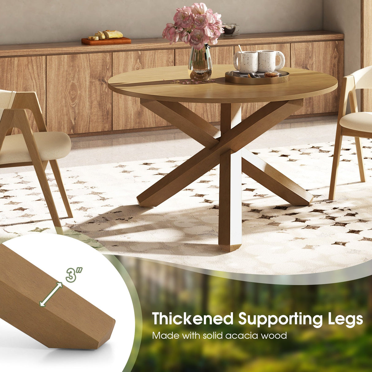 Mesa de comedor redonda de 47 pulgadas con patas de madera maciza de acacia para 4-6 personas-Natural