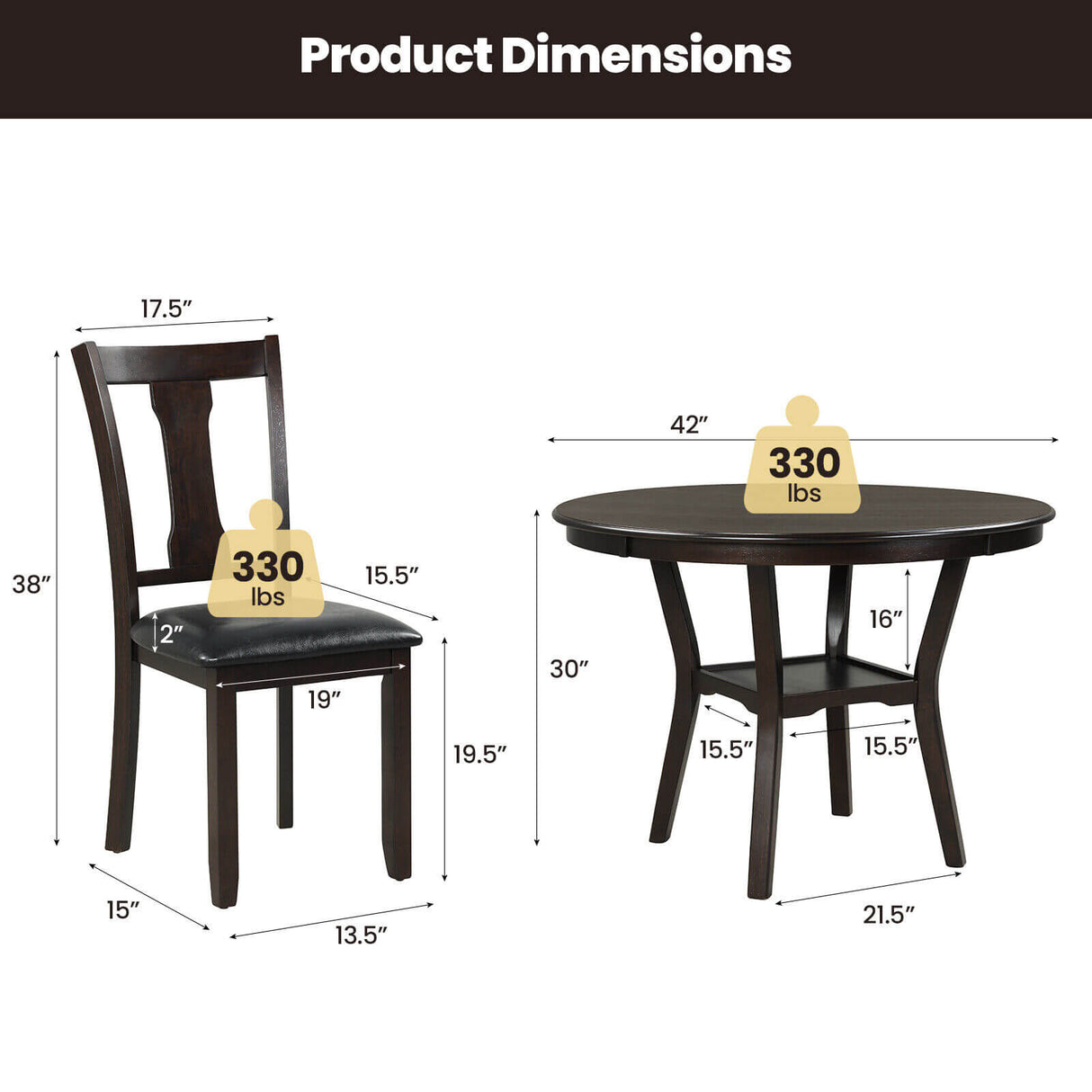 5-Piece Round Dining Table Set Wooden Kitchen Modern Table and 4 Chairs
